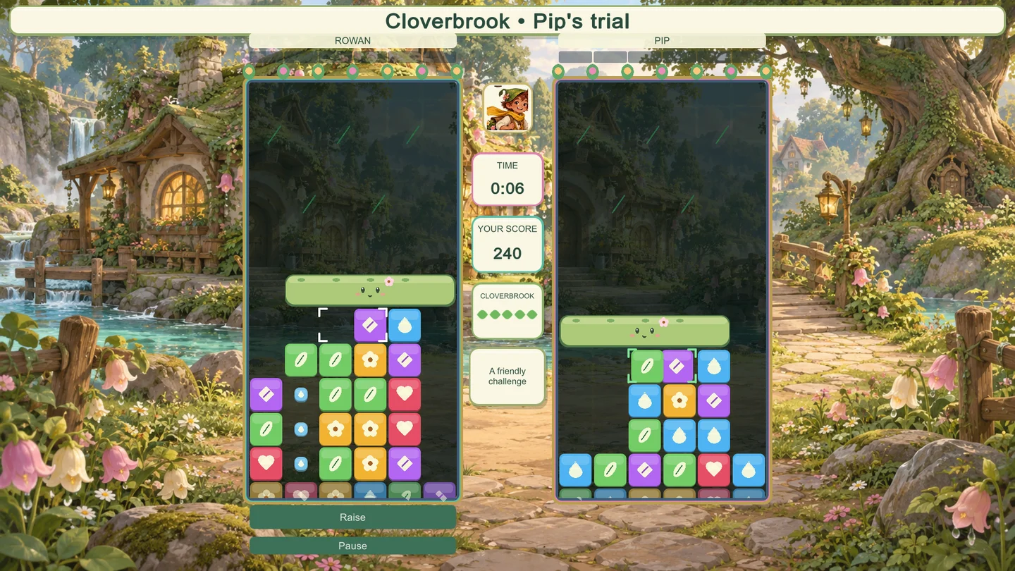 Two rising puzzle boards in a friendly Cloverbrook battle, with colorful panels and smiling brambles.