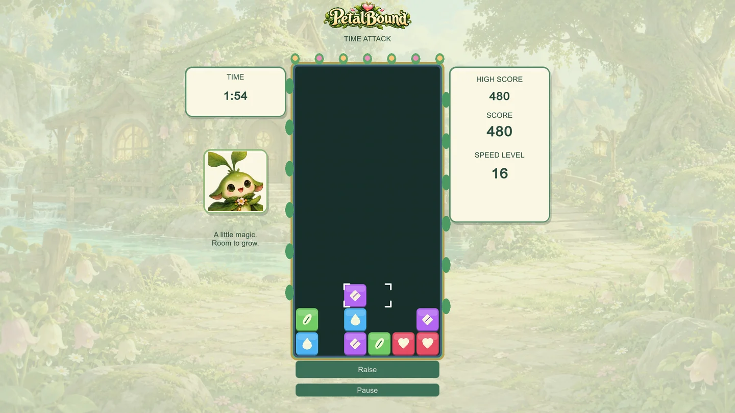Petal Bound’s Time Attack mode with a rising board of colorful puzzle panels.