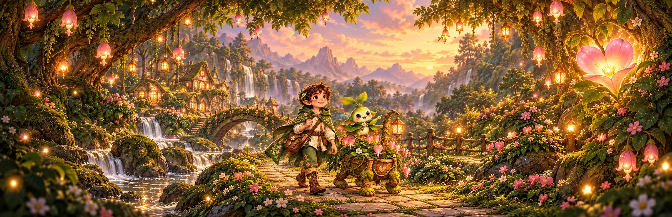 Rowan and Sprig explore a sunlit woodland filled with lanterns, waterfalls, and flowering trees.